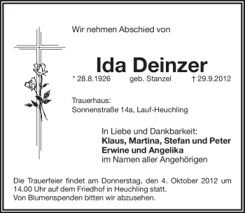 Traueranzeige von Ida Deinzer von Pegnitz-Zeitung